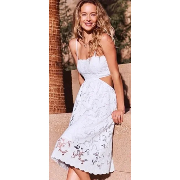 Express White Lace Tie Back Midi Dress with Side Cutout Size Small NEW - Picture 1 of 9